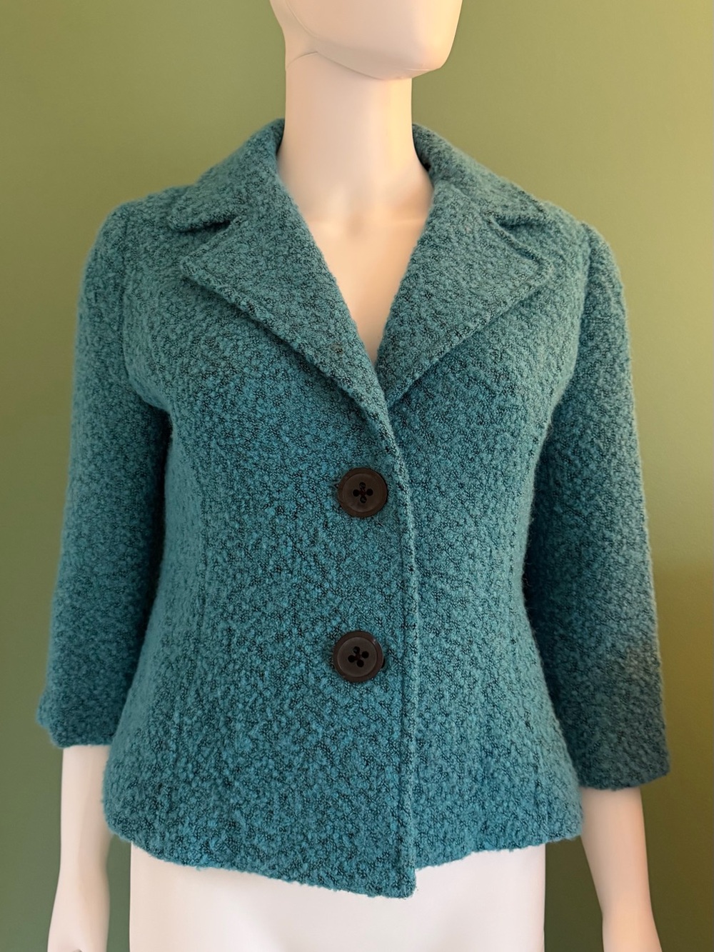 CAbi Teal Blue Bouclé Two-Button Cropped Blazer Jacket